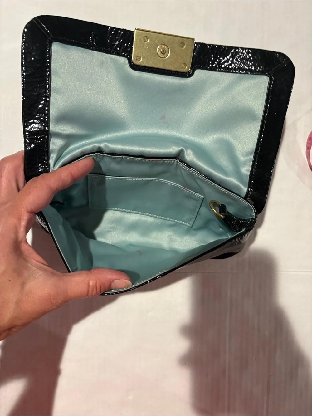 Coach Kristen Black Patent Leather Wristlet Phone Pouch with Gold Hardware